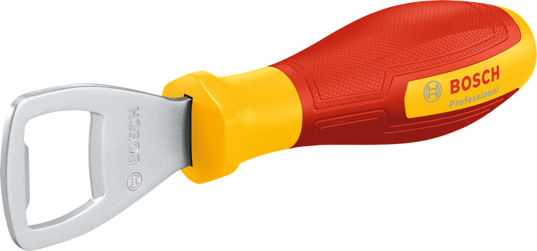 Décapsuleur Bosch avec manche rouge et jaune.